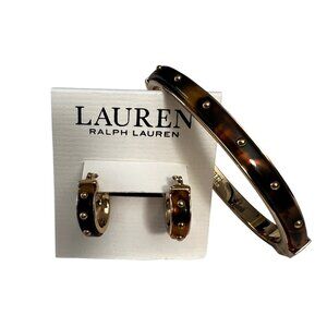 NWT Ralph Lauren Tortoise Gold Studded Bangle Clamper Bracelet Huggie Earrings
